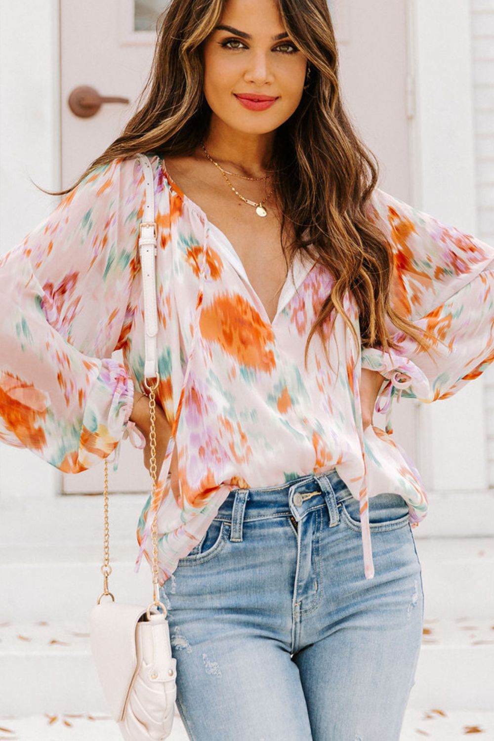 Printed Tie Neck Long Sleeve Blouse - Charming Charlie