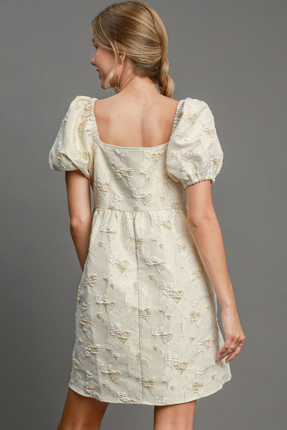 Umgee Heart Jacquard Square Neck Puff Sleeve Mini Dress - Charming Charlie