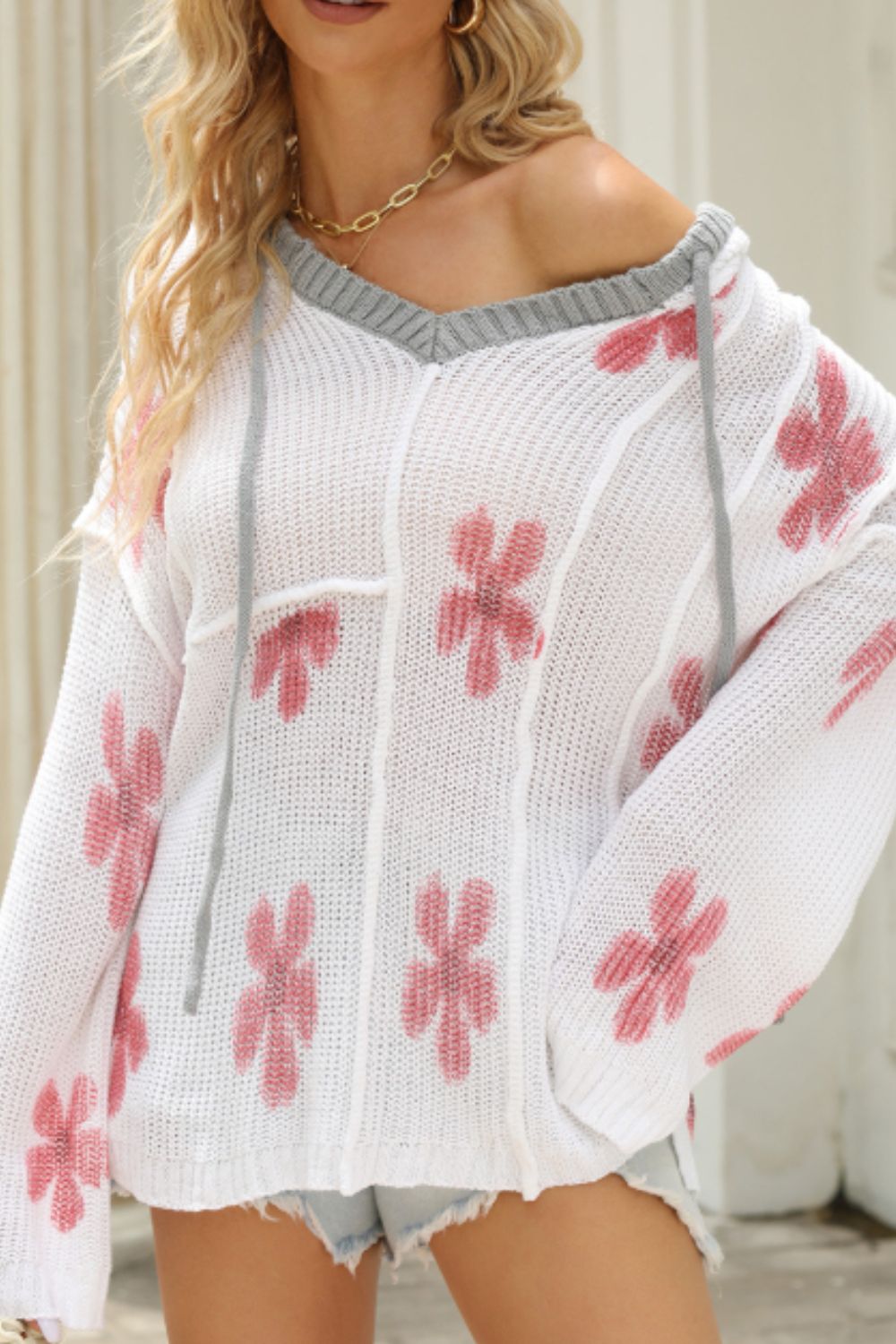 Drawstring Flower Hooded Knit Top - Charming Charlie