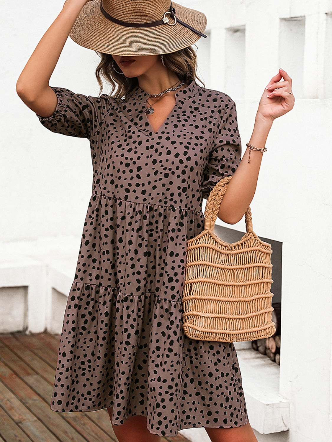 Printed Notched Half Sleeve Dress - Charming Charlie