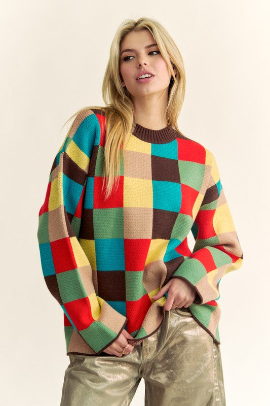 Davi & Dani Color Block Checkered Dropped Shoulder Sweater - Charming Charlie