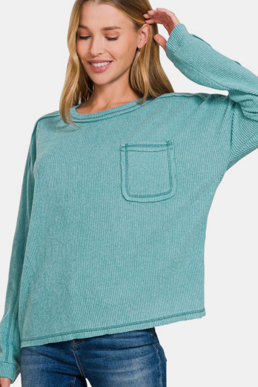 Zenana Full Size Contrast Stitching Brushed Ribbed Hacci Knit Top Plu Size - Charming Charlie