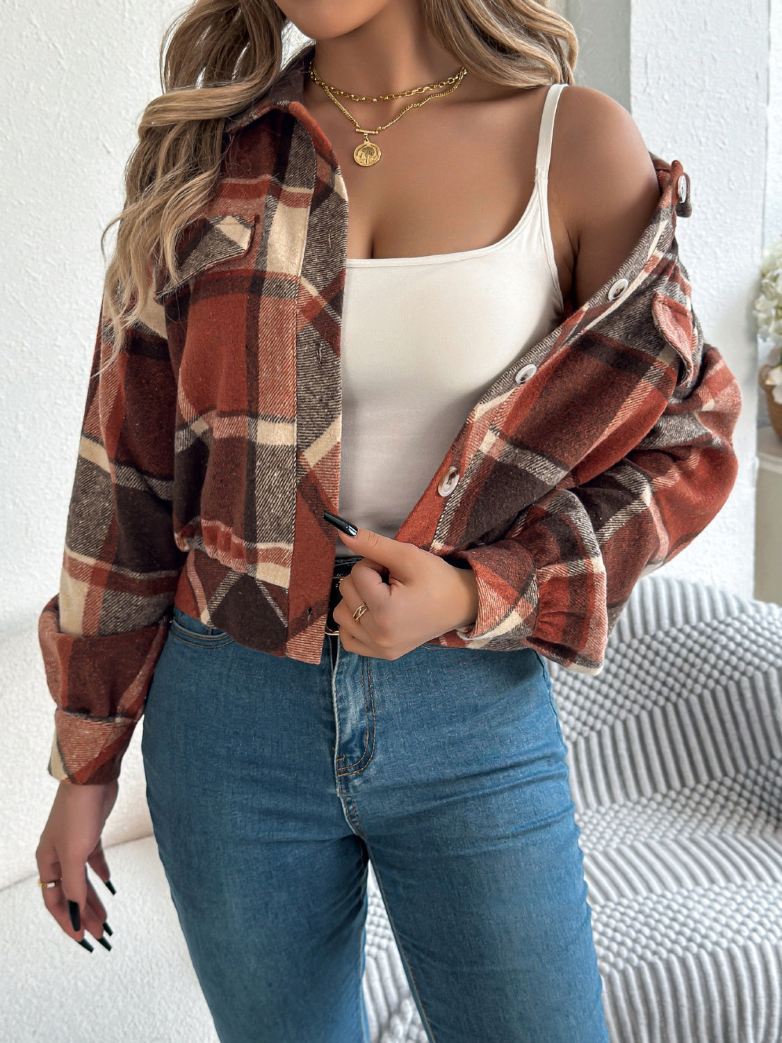 Plaid Button Up Long Sleeve Jacket - Charming Charlie