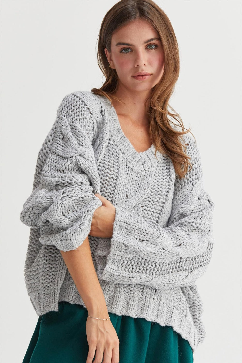 HYFVE Cable Knit V-Neck Sweater - Charming Charlie