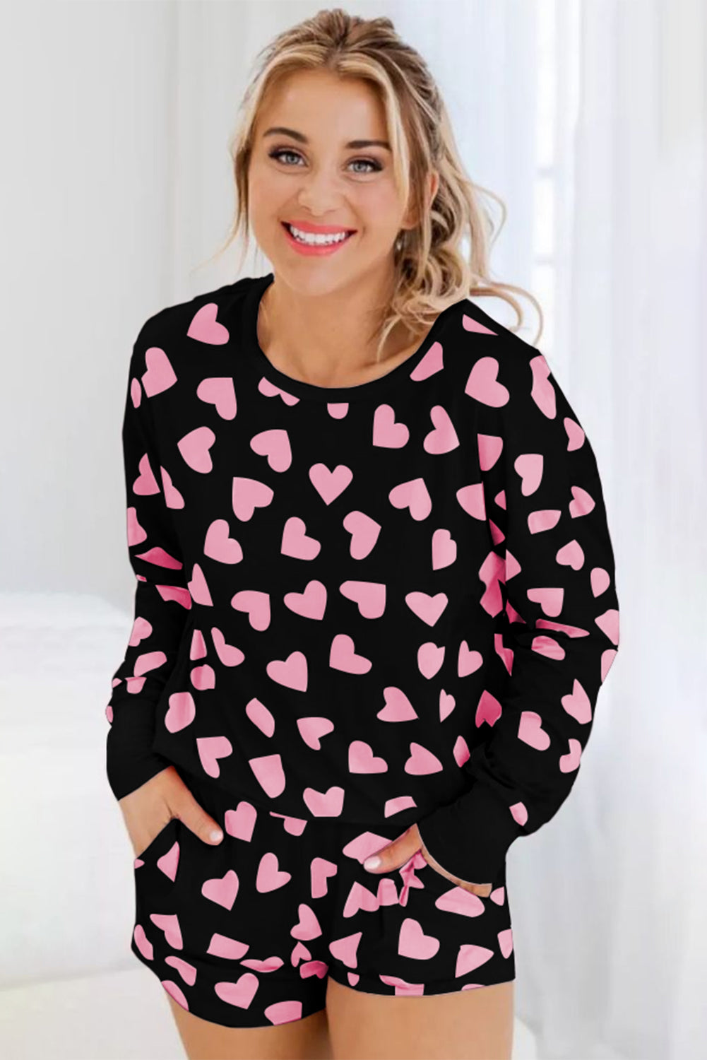 Heart Print Long Sleeve Top and Shorts Lounge Set - Charming Charlie