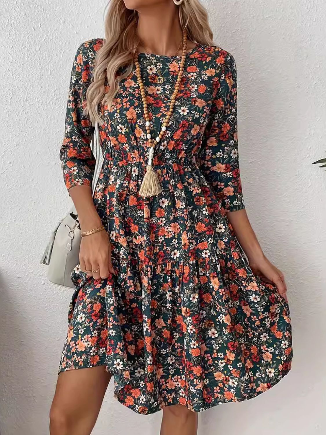 Frill Floral Round Neck Dress - Charming Charlie