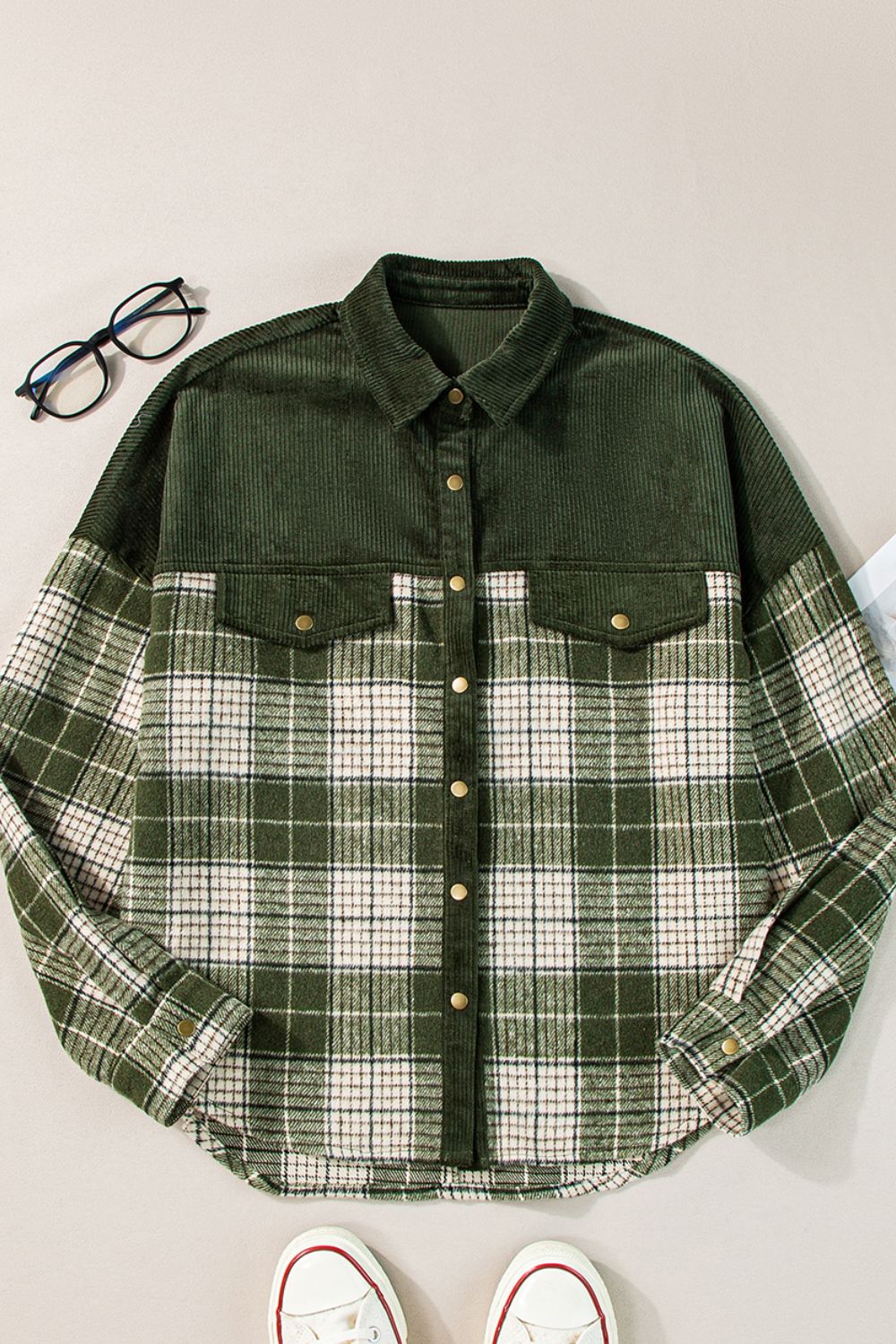 Snap Down Collared Neck Plaid Shacket - Charming Charlie
