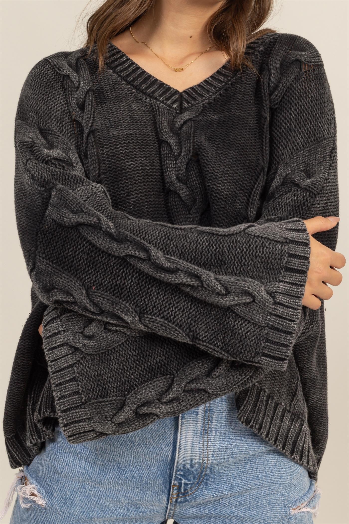 HYFVE Cable Knit V-Neck Dropped Shoulder Oversized Sweater - Charming Charlie