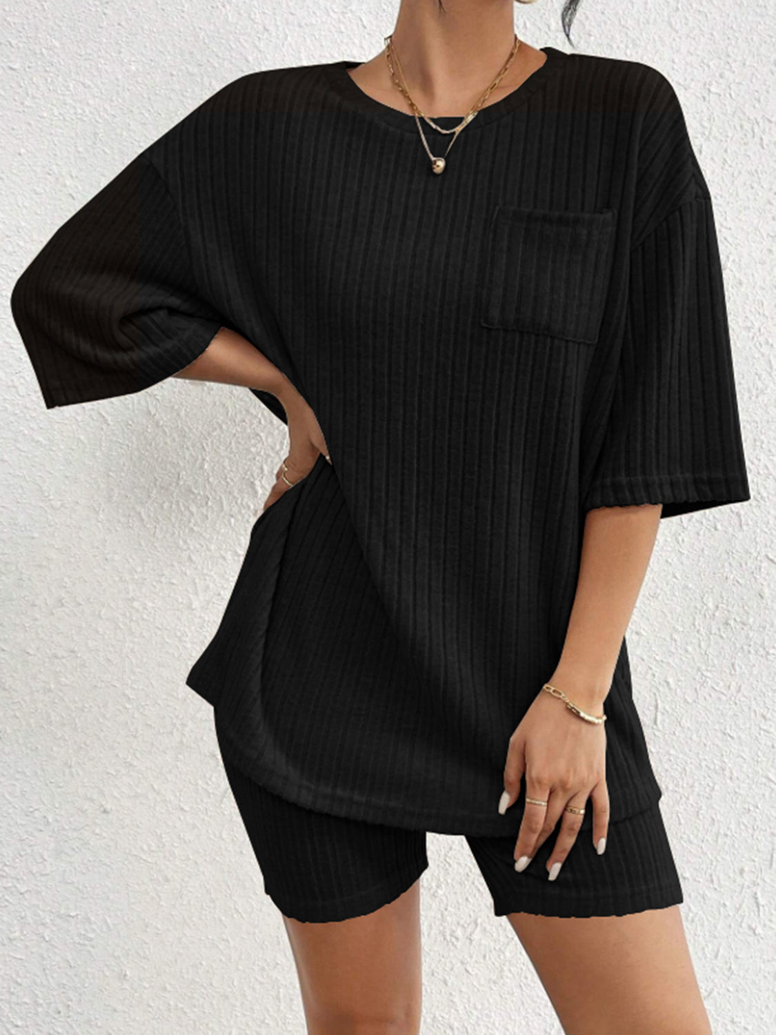 Ribbed Round Neck Top and Shorts Set - Charming Charlie