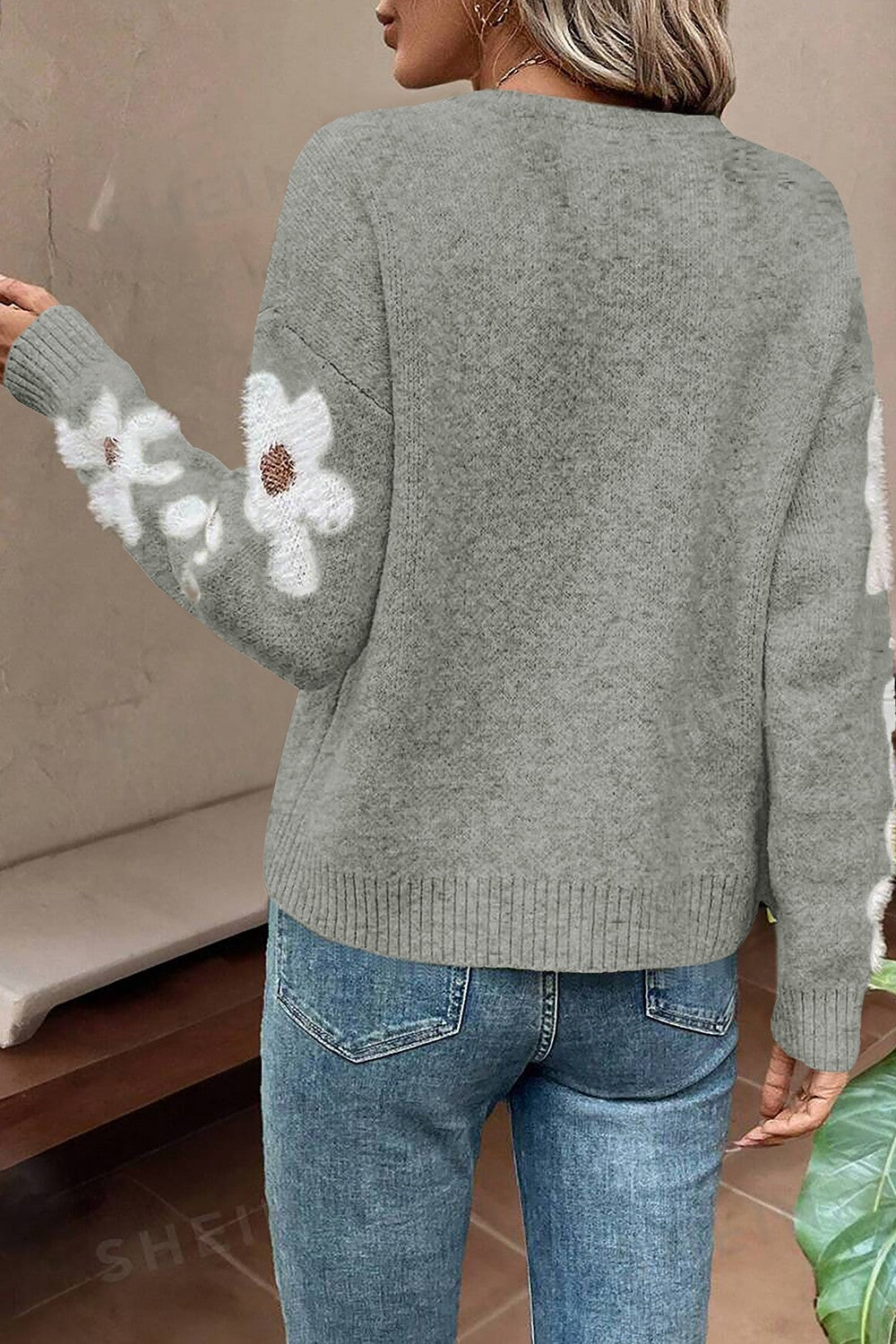 Flower Round Neck Long Sleeve Sweater - Charming Charlie