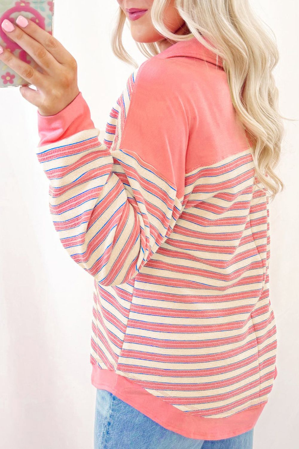 Striped Johnny Collar Long Sleeve Sweatshirt - Charming Charlie