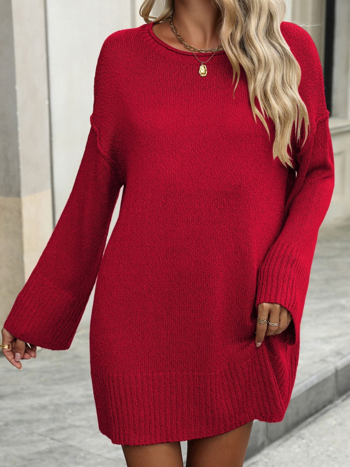 Round Neck Dropped Shoulder Sweater - Charming Charlie