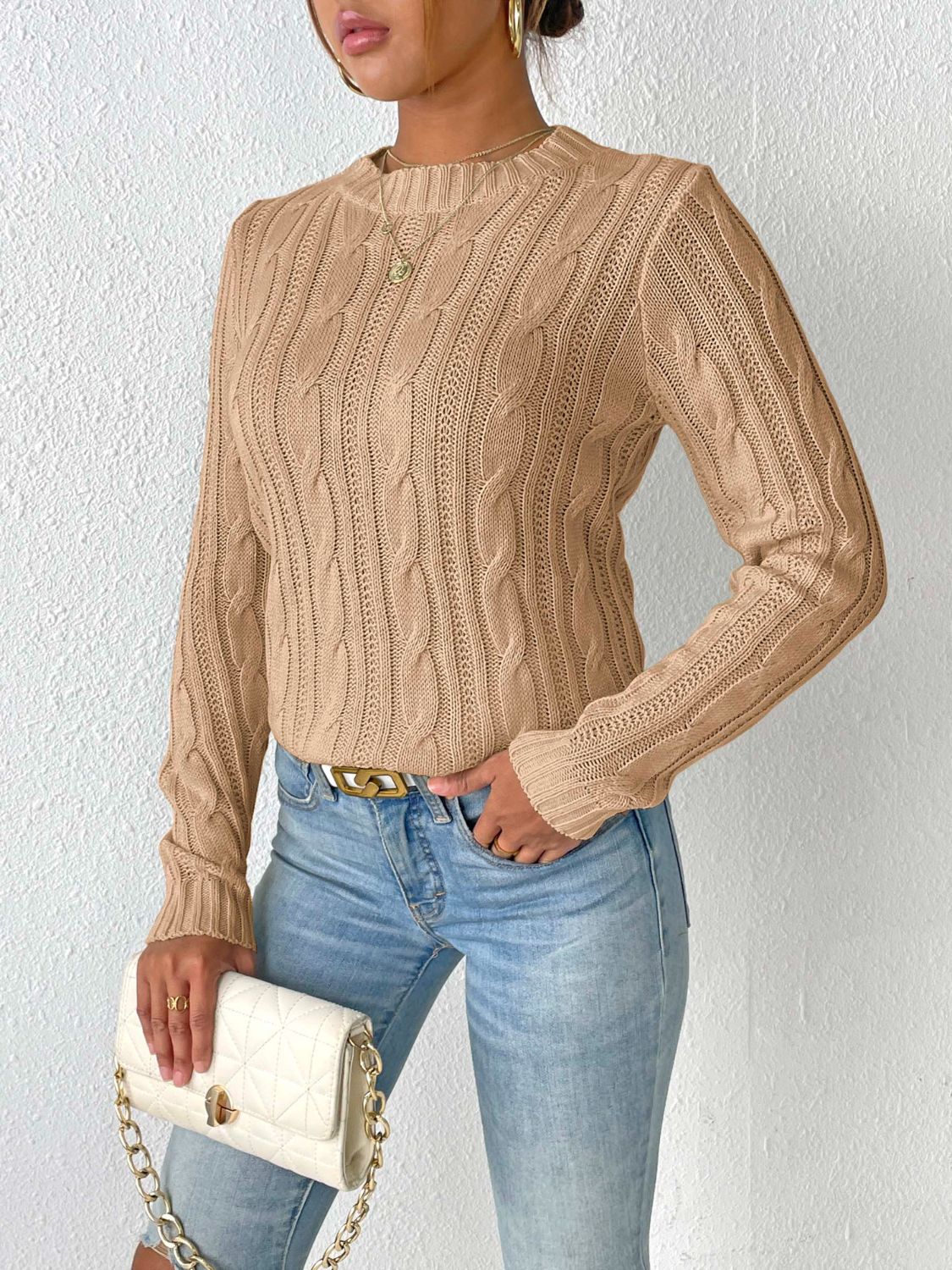 Cable-Knit Round Neck Sweater - Charming Charlie