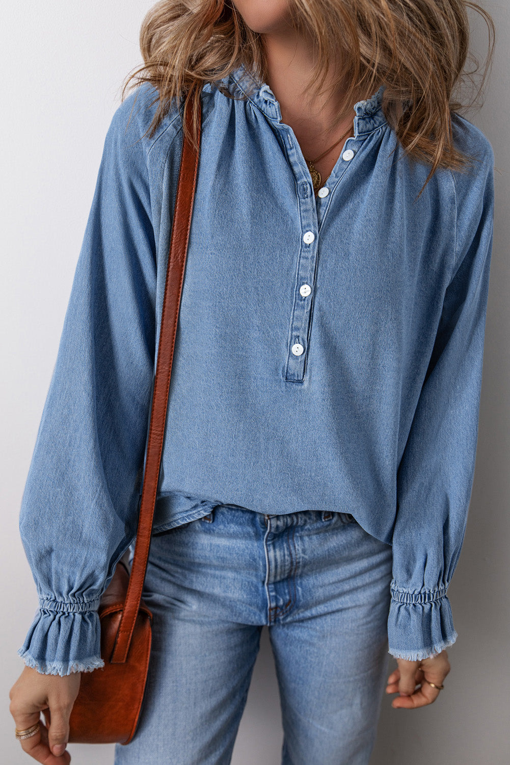 Half Button Long Sleeve Denim Top - Charming Charlie
