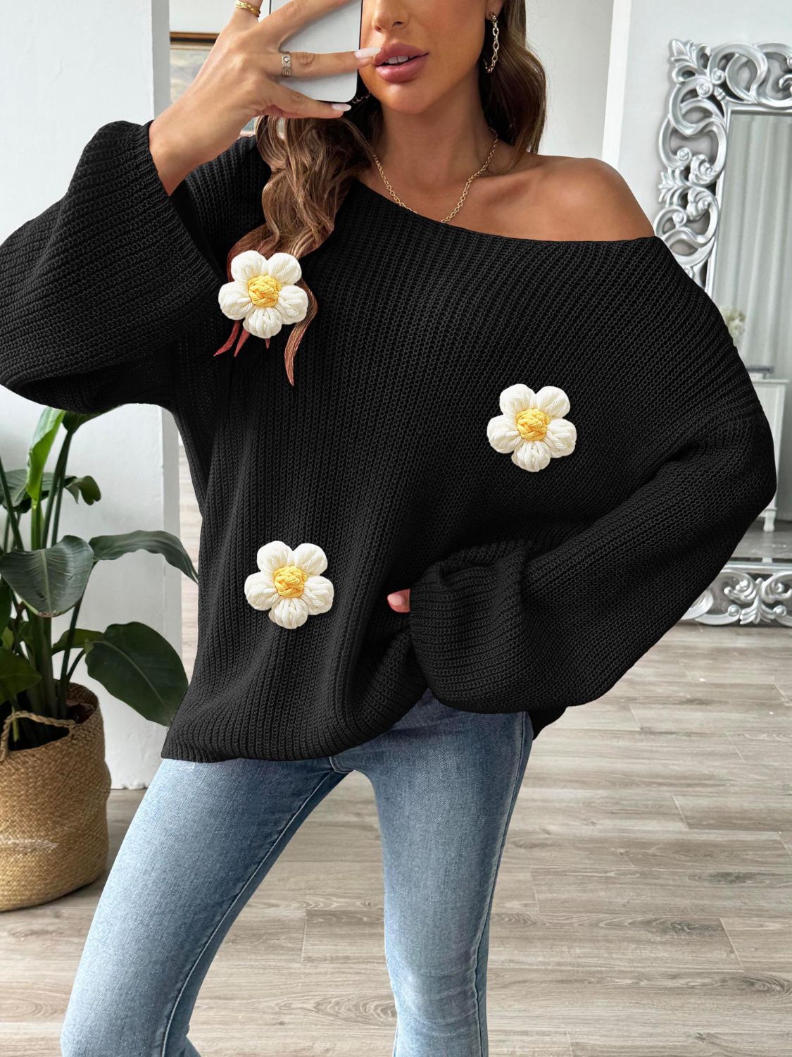 Flower Round Neck Long Sleeve Sweater - Charming Charlie
