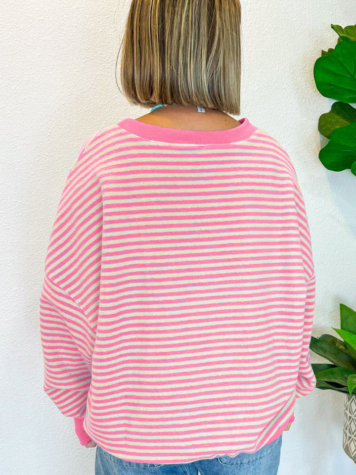 Striped Round Neck Long Sleeve Sweatshirt - Charming Charlie