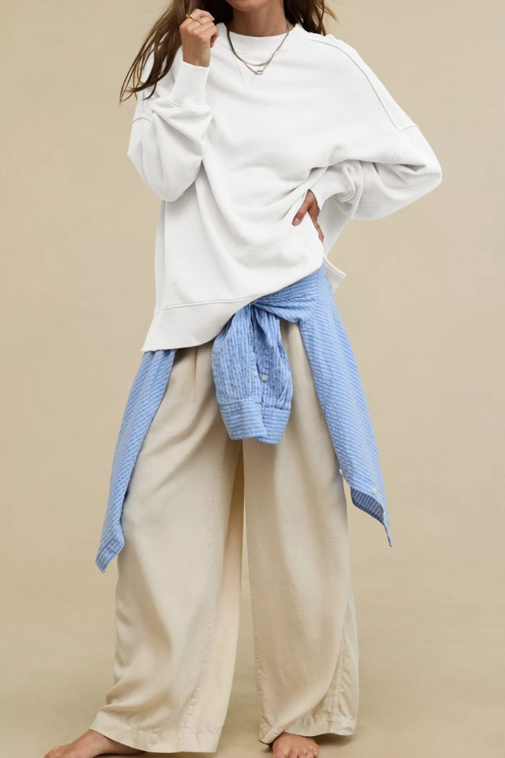 Side Slit Round Neck Long Sleeve Sweatshirt - Charming Charlie