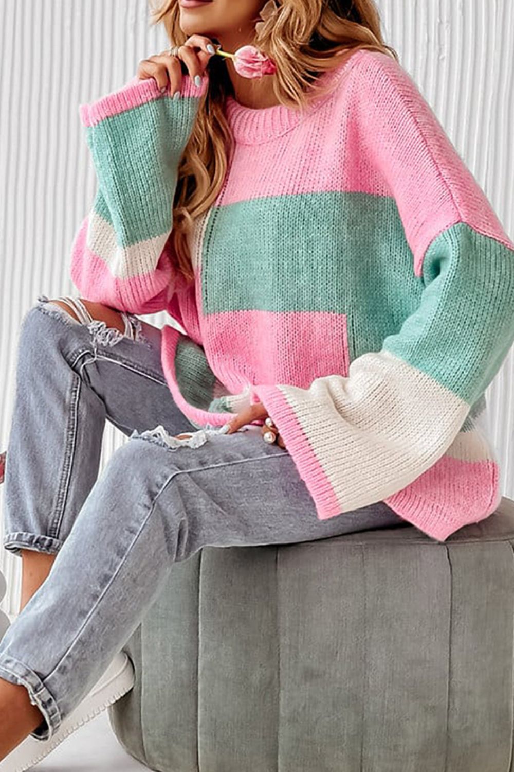 Color Block Round Neck Drop Shoulder Sweater - Charming Charlie