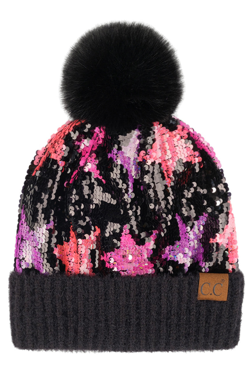 Purple Multi C.C Sequin Starry Night Pom Beanie