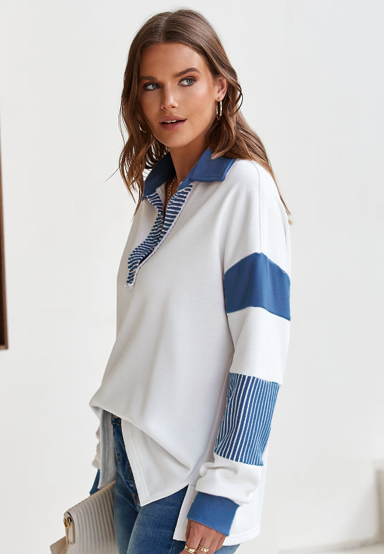 Color Block Johnny Collar Long Sleeve Sweatshirt - Charming Charlie