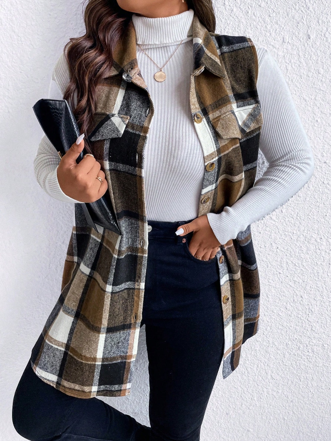Honey Plus Size Pocketed Plaid Button Up Vest Coat - Charming Charlie
