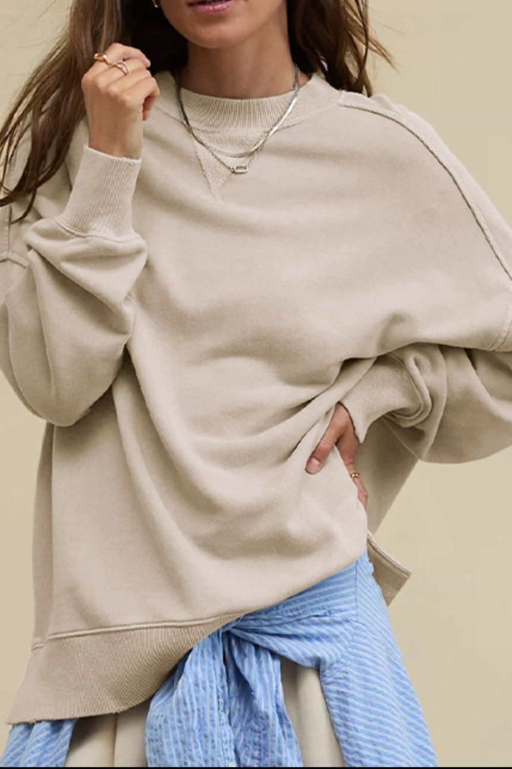 Side Slit Round Neck Long Sleeve Sweatshirt - Charming Charlie