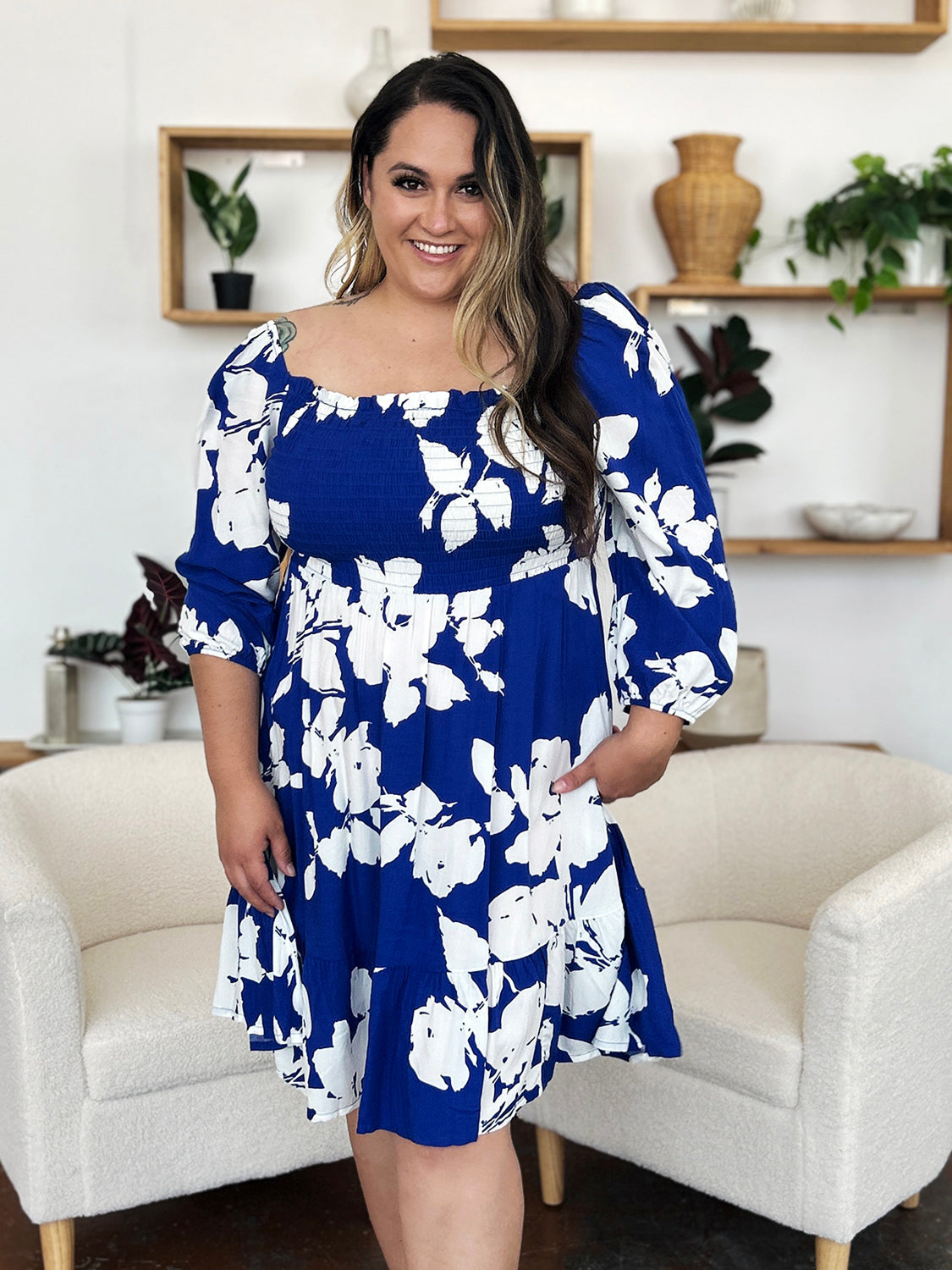 Double Take Full Size Floral Ruffle Hem Smocked Dress with Pockets - Charming Charlie