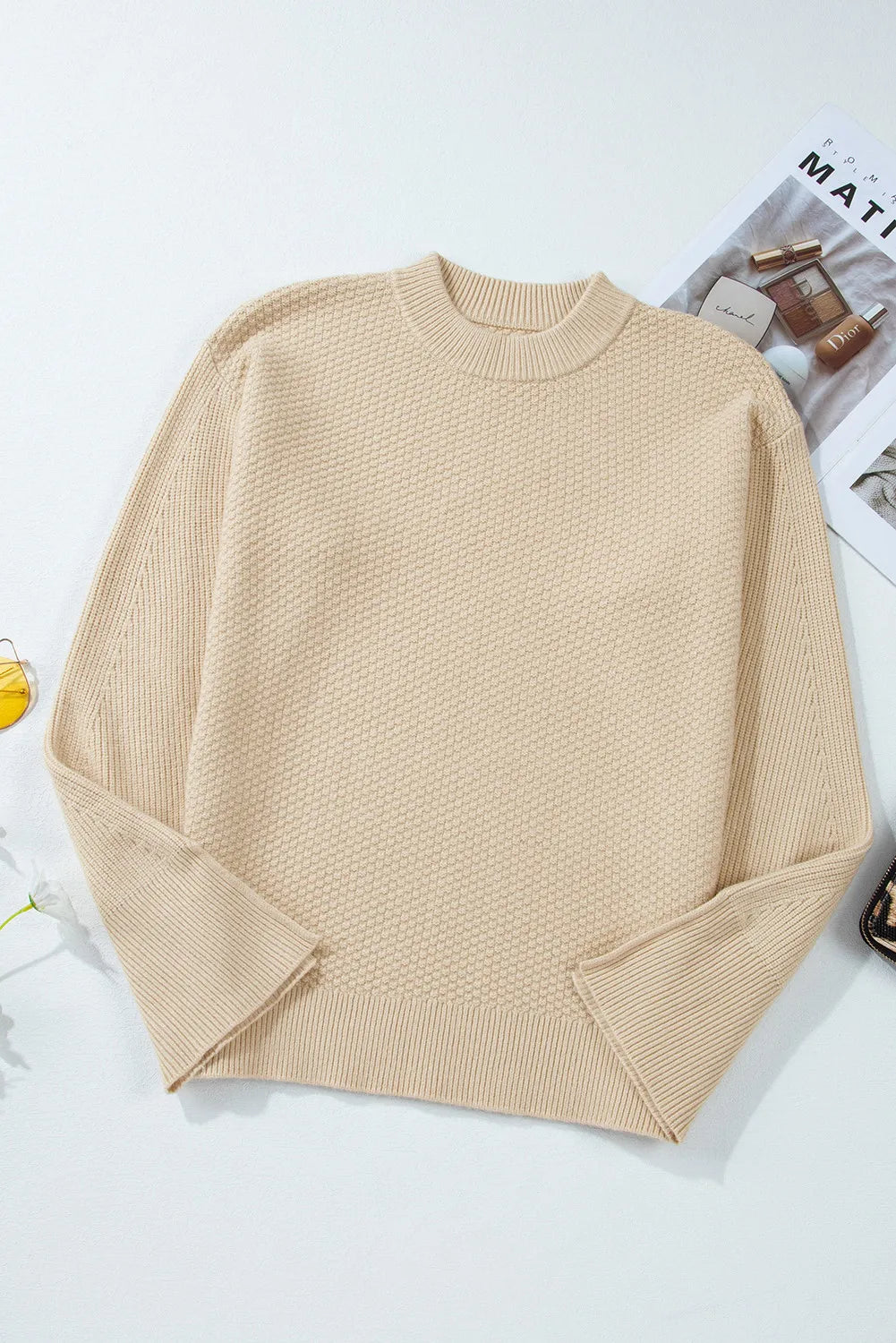 Textured Round Neck Long Sleeve Sweater - Charming Charlie