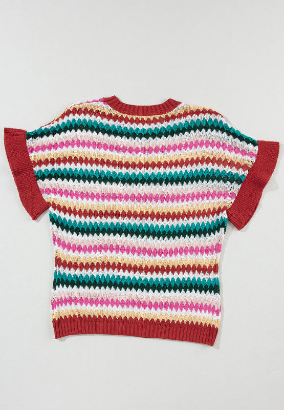 Contrast Round Neck Short Sleeve Sweater - Charming Charlie