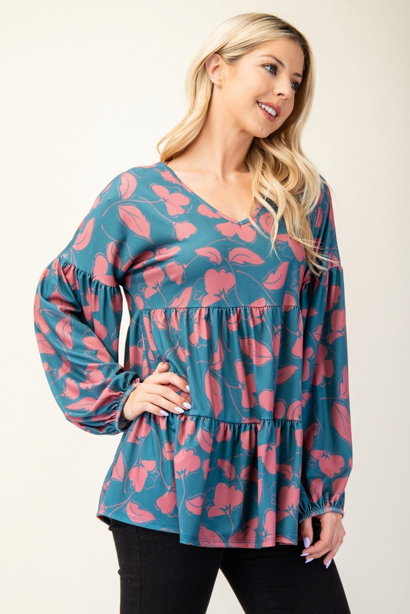 Celeste Full Size Tiered Floral V-Neck Long Sleeve Blouse - Charming Charlie