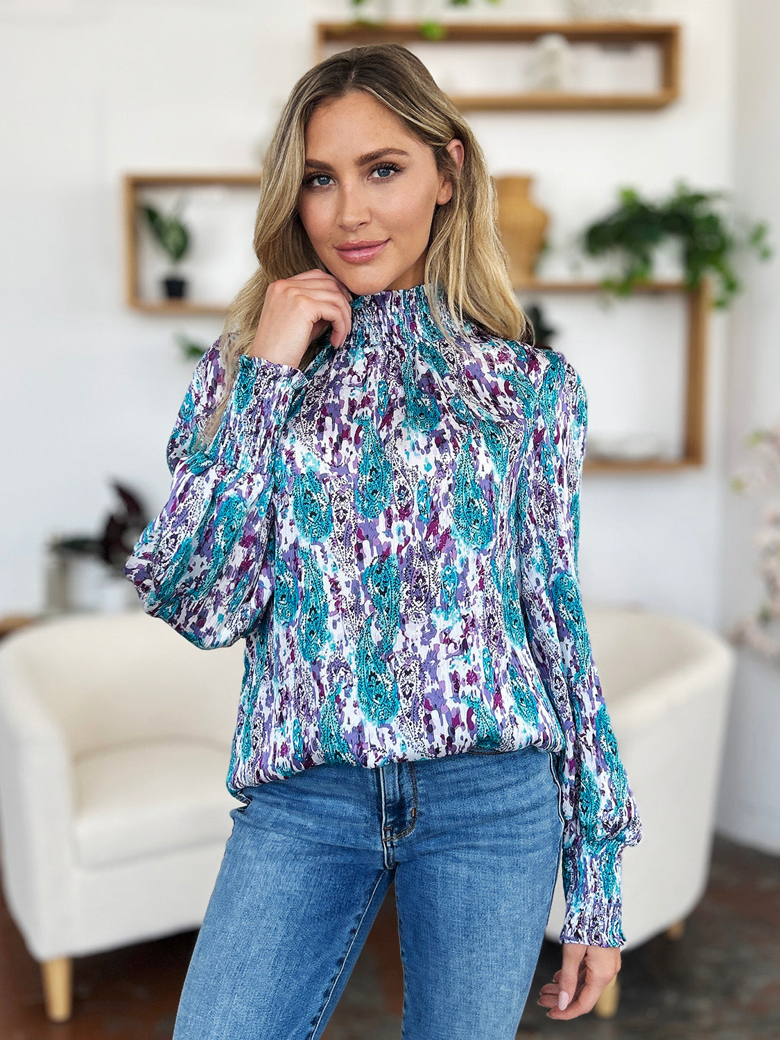 Double Take Full Size Printed Smocked Long Sleeve Blouse - Charming Charlie