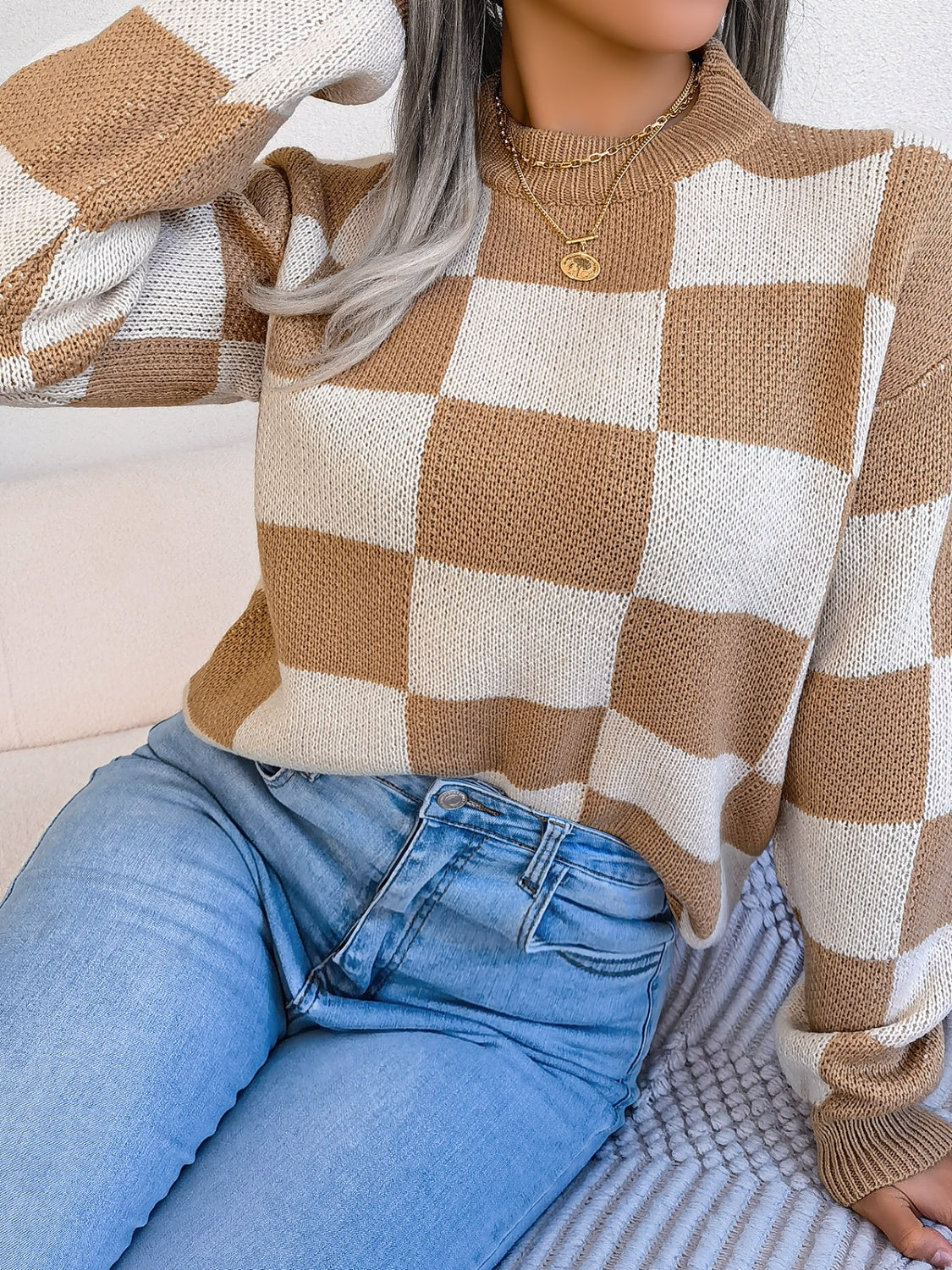 Checkered Mock Neck Long Sleeve Sweater - Charming Charlie