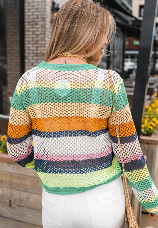Openwork Contrast Striped Round Neck Knit Top - Charming Charlie