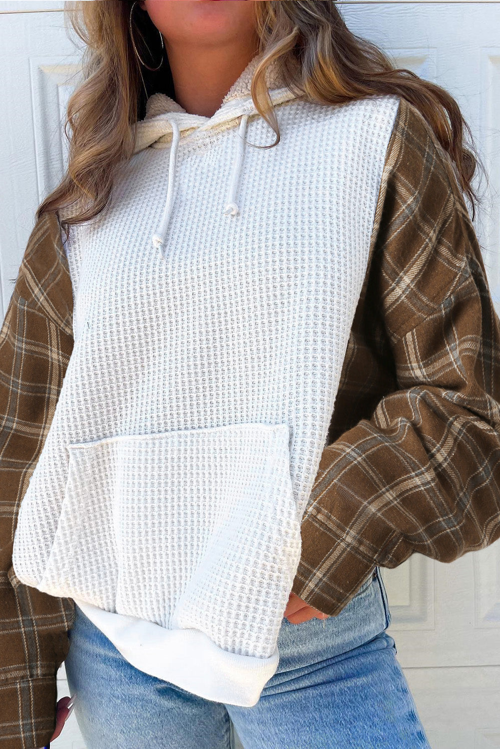 Waffle Knit Plaid Long Sleeve Kangaroo Pocket Hoodie - Charming Charlie