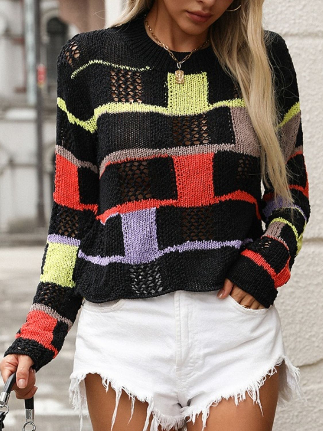 Openwork Color Block Round Neck Sweater - Charming Charlie