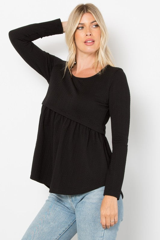 Be Stage Full Size Texture Babydoll Round Neck Long Sleeve Knit Top - Charming Charlie
