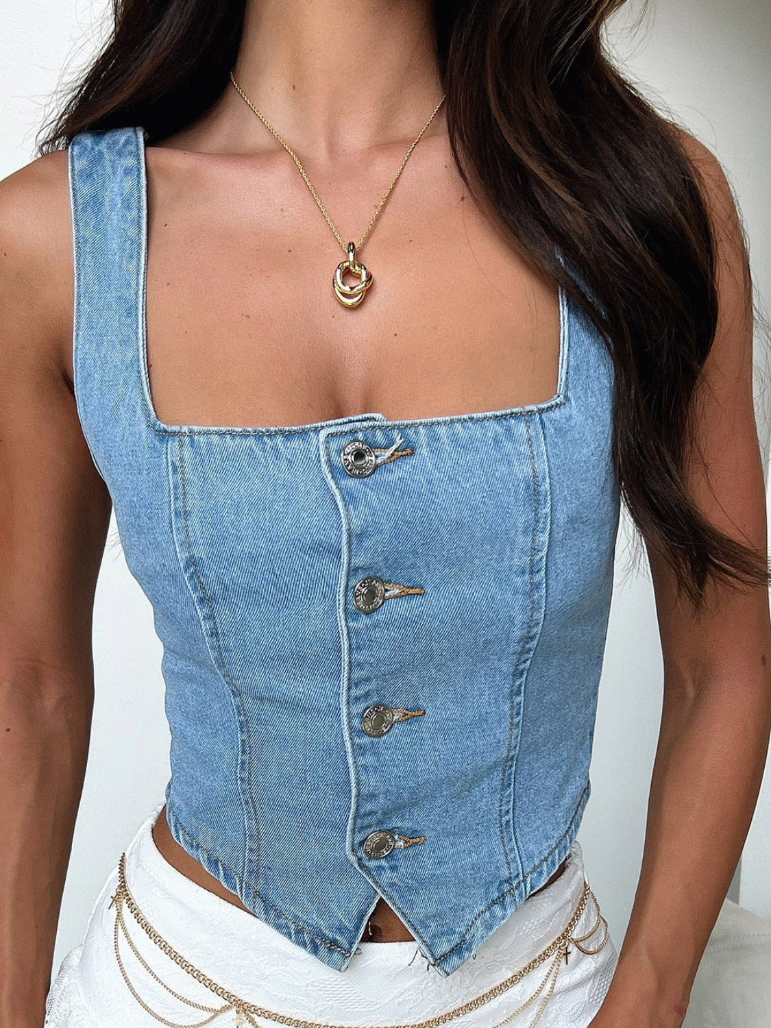 Smocked Square Neck Denim Top - Charming Charlie