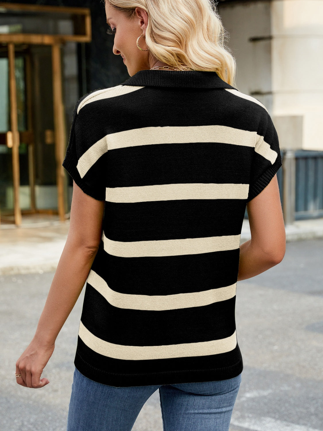 Striped Johnny Collar Cap Sleeve Sweater - Charming Charlie
