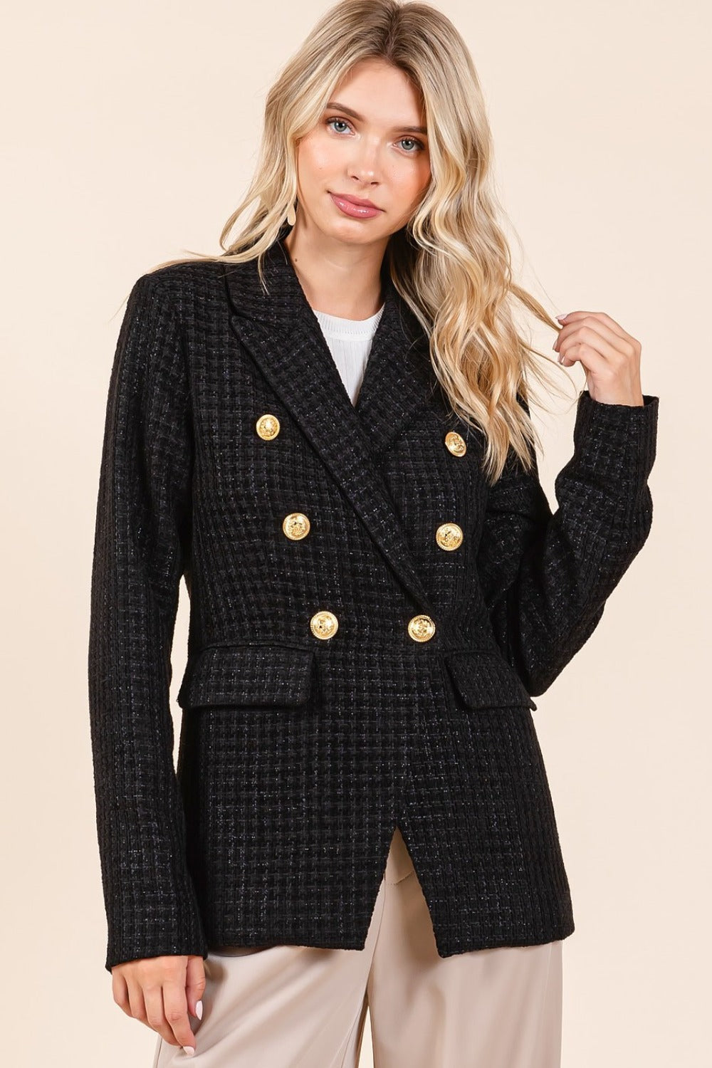 Mittoshop Plaid Texture Double-Breasted Long Sleeve Blazer - Charming Charlie