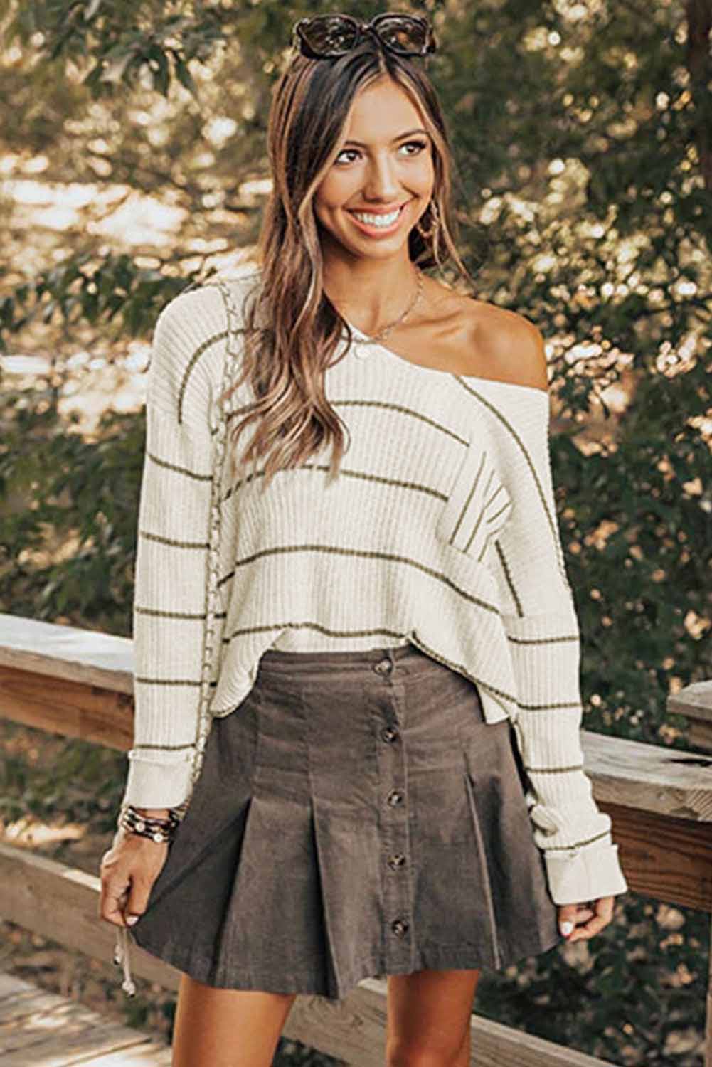 Striped V-Neck Drop Shoulder Sweater - Charming Charlie