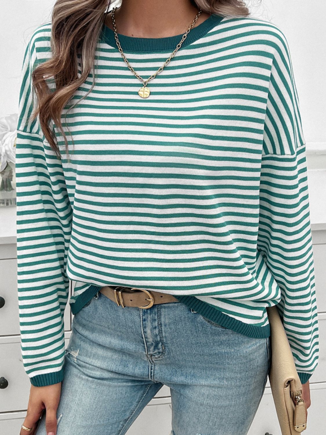 Striped Round Neck Dropped Shoulder Sweater - Charming Charlie
