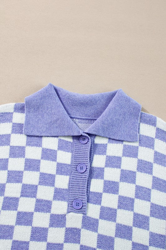 Checkered Collared Buttons Plus Size Sweater - Charming Charlie