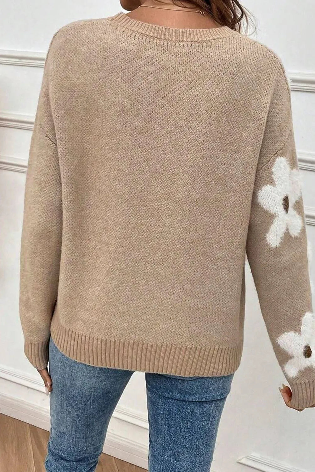 Flower Round Neck Long Sleeve Sweater - Charming Charlie