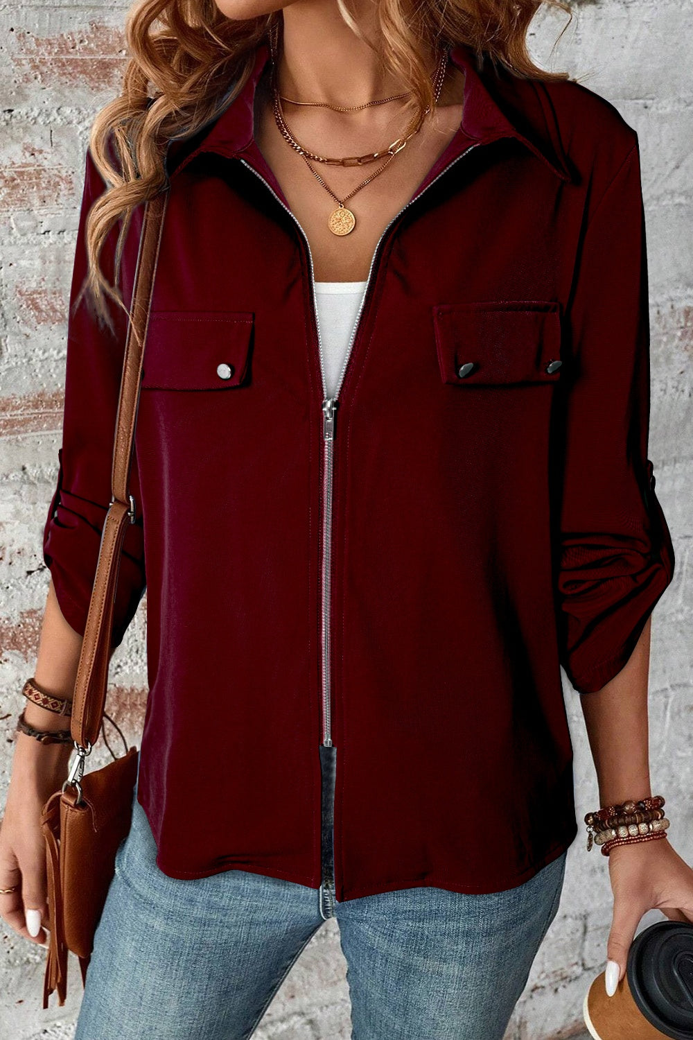 Pocketed Zip Up Collared Neck Long Sleeve Jacket - Charming Charlie