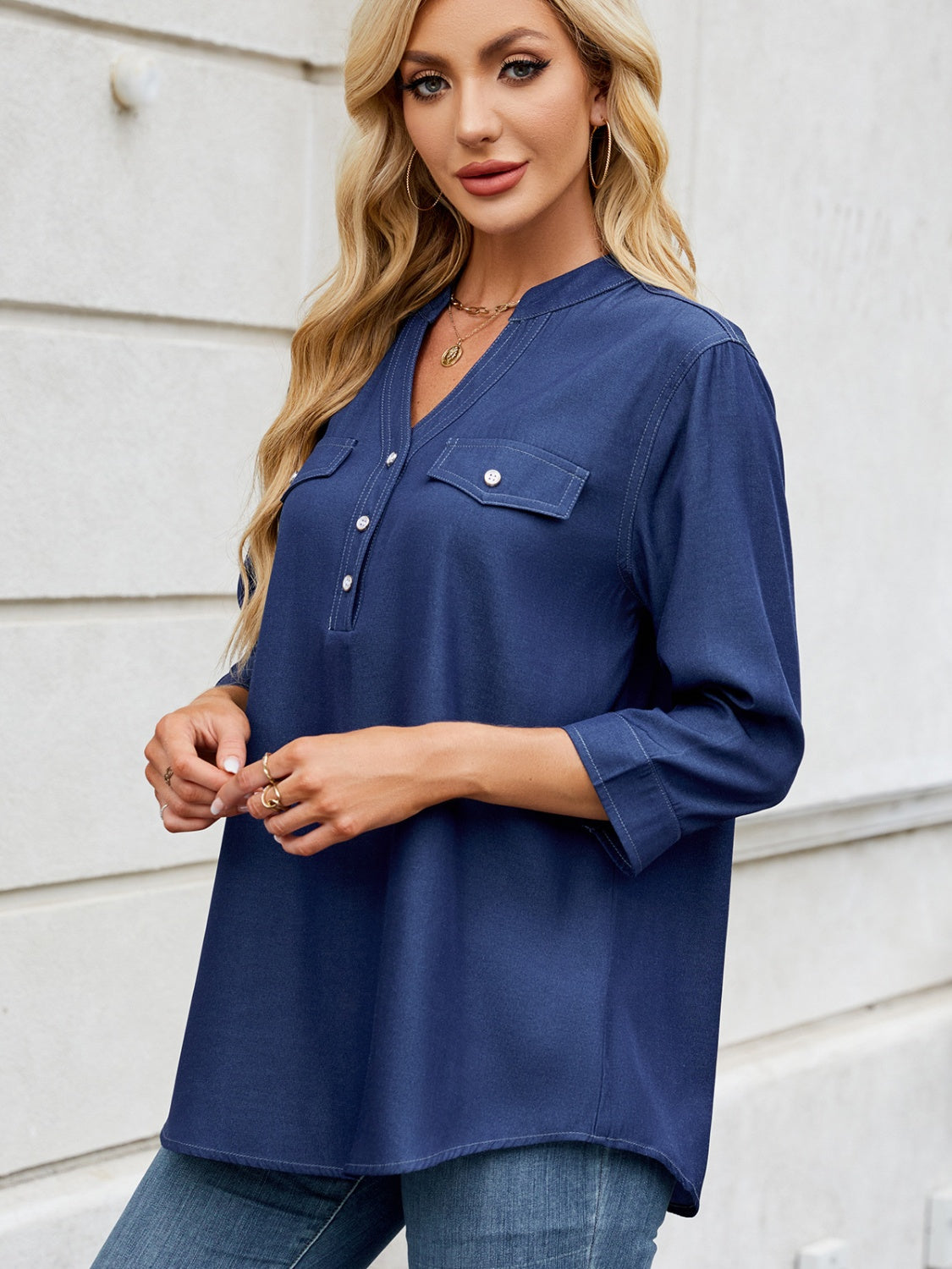 Notched Three-Quarter Sleeve Denim Top - Charming Charlie