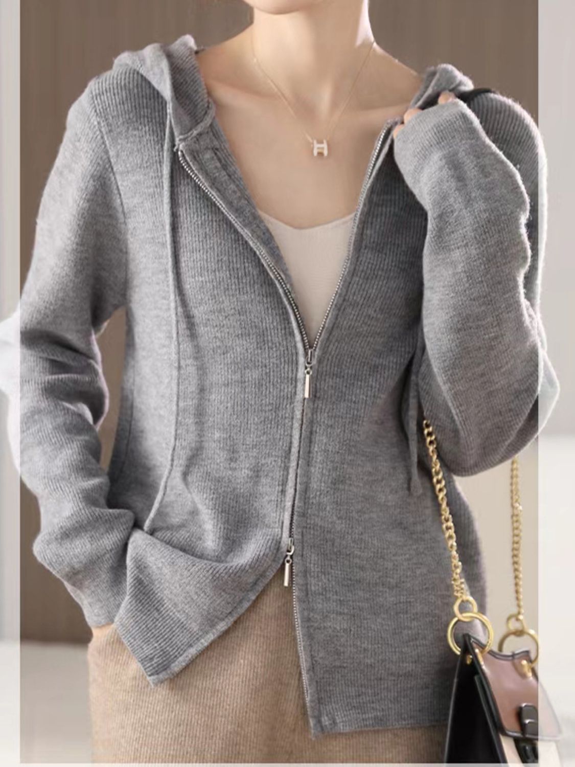 Drawstring Zip Up Long Sleeve Hooded Sweater - Charming Charlie