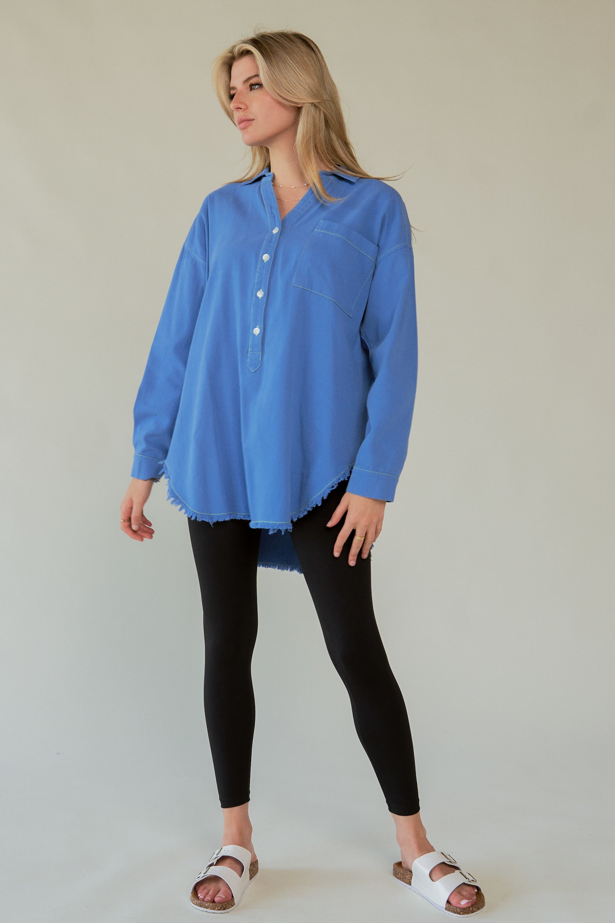 Davi & Dani Letter Back Raw Hem Half Button Shirt - Charming Charlie