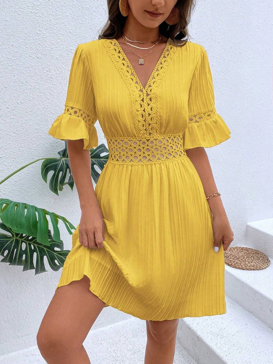 Cutout V-Neck Flounce Sleeve Mini Dress - Charming Charlie