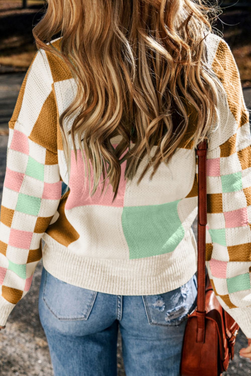 Checkered Round Neck Drop Shoulder Sweater - Charming Charlie