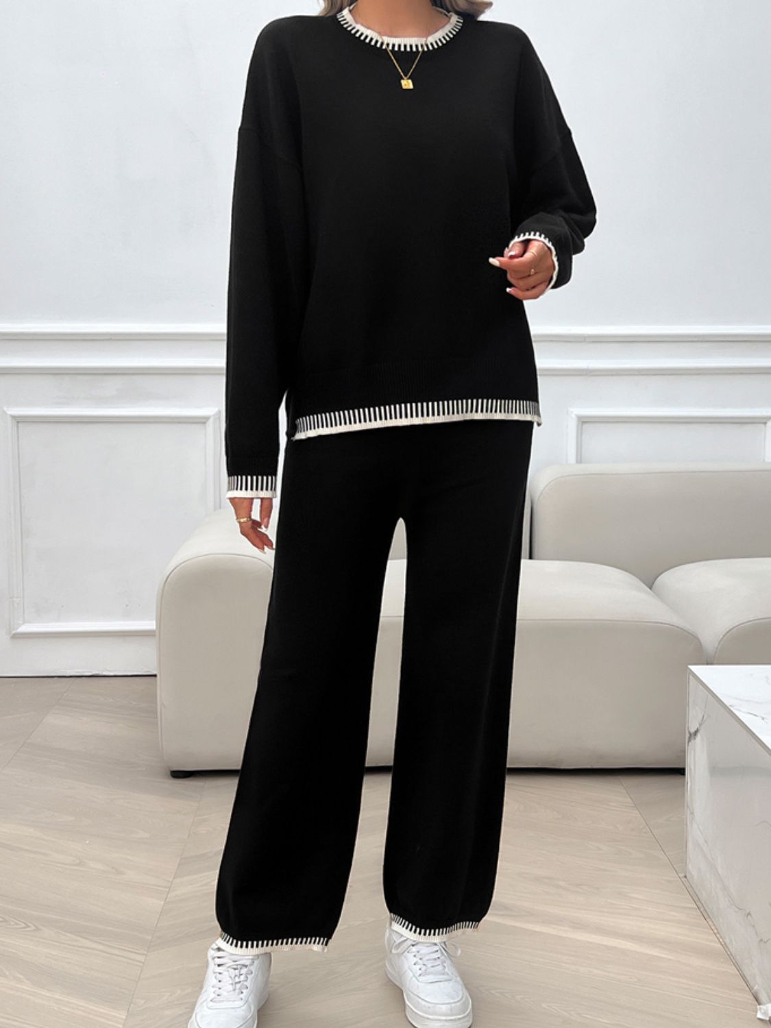 Round Neck Dropped Shoulder Top and Pants Sweater Set - Charming Charlie